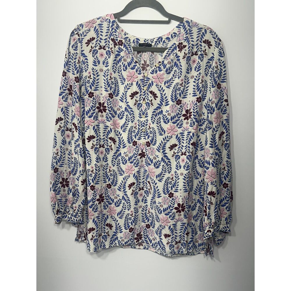 Talbots Plus Women’s Floral Peasant Blouse XL White Blue Pink Long Sleeve